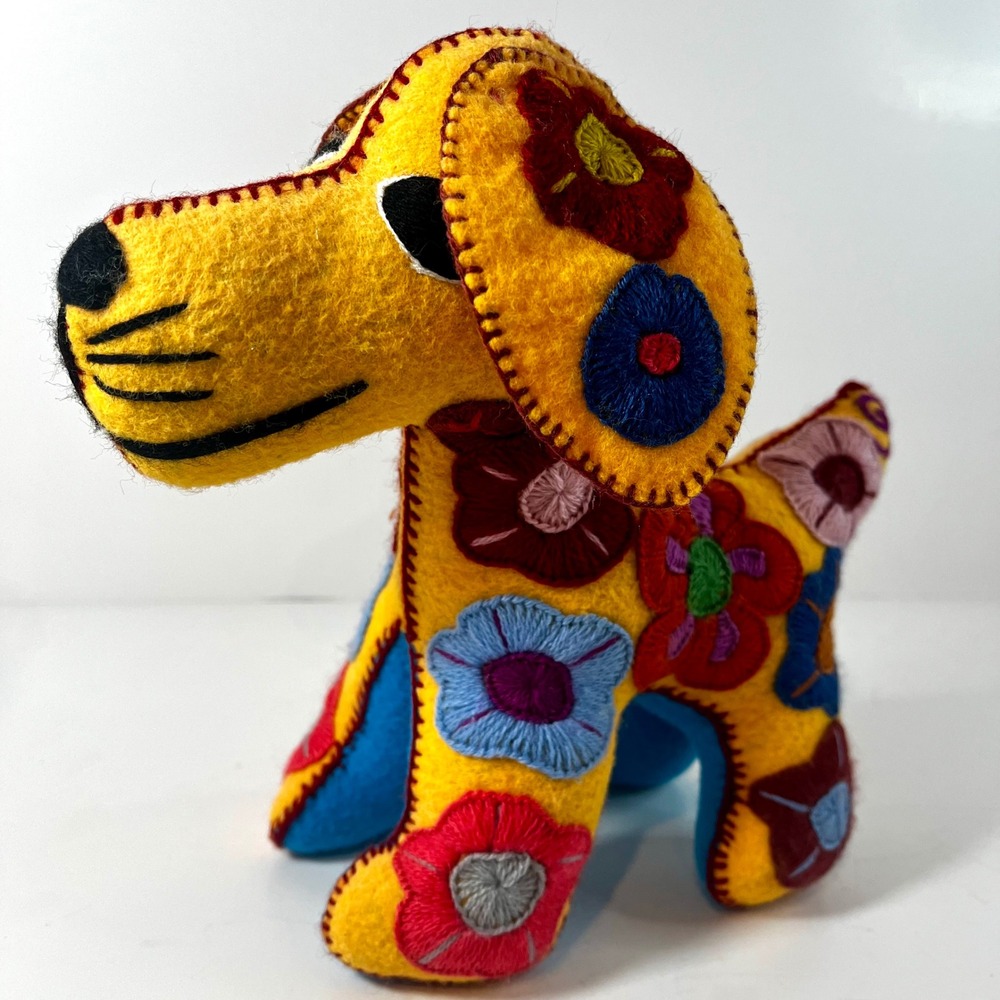 Handmade Mexican Folk Art Embroidered Wool Felt Dog Figurine Yellow Floral